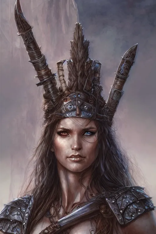 Prompt: head and shoulders portrait of a barbarian, female, high fantasy, dnd, digital illustration, by luis royo, magali villeneuve, donato giancola, wlop, krenz cushart, artgerm