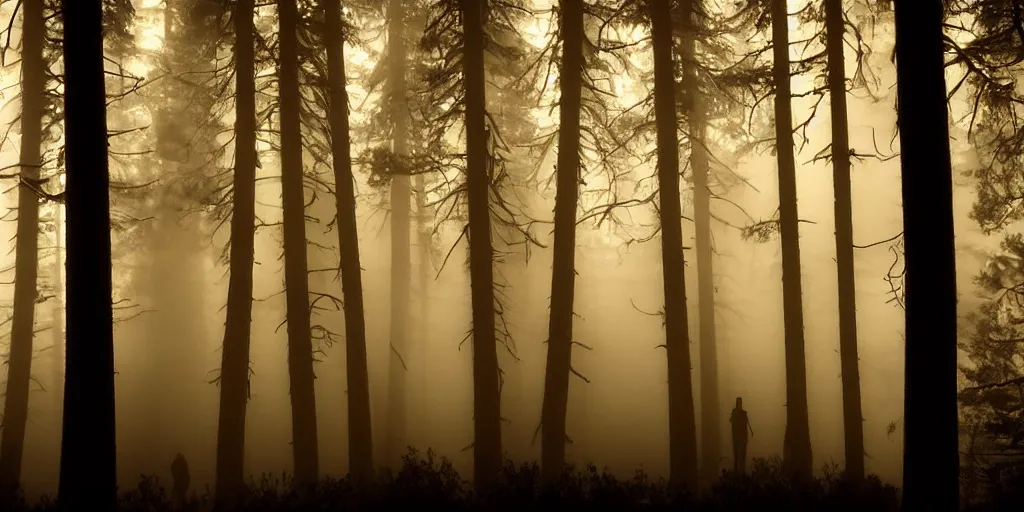 Prompt: silhouette tall spirits standing along the entire horizon in the mist with glowing reflective eyes in the dark northern California woods at night