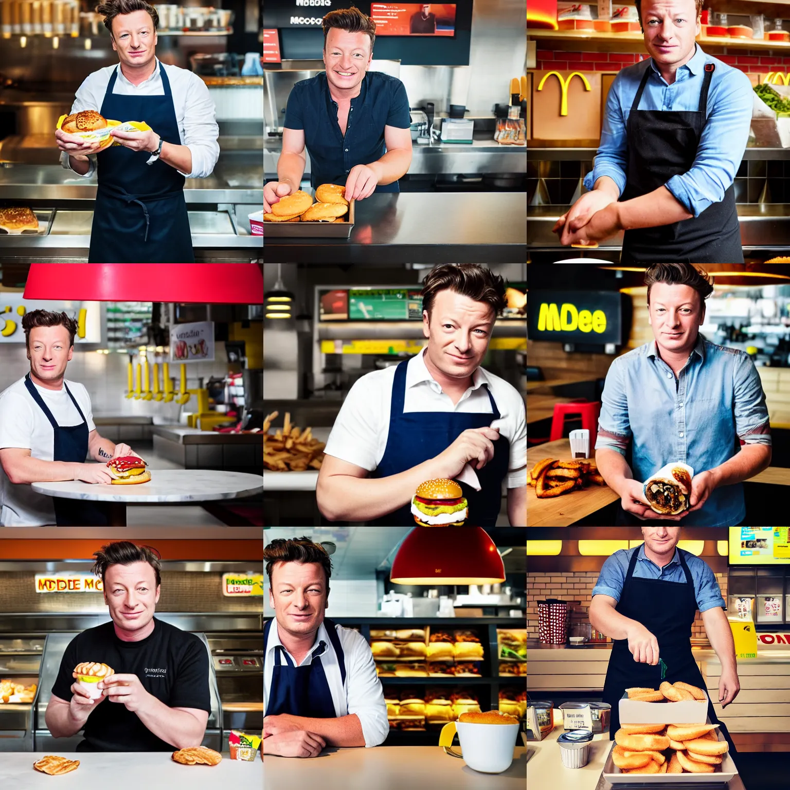 Prompt: jamie oliver working at mcdonalds, portrait photography