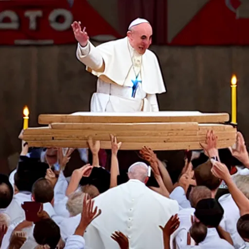 Prompt: the pope tossing a pizza on stage while the whole country of italy cheers him on