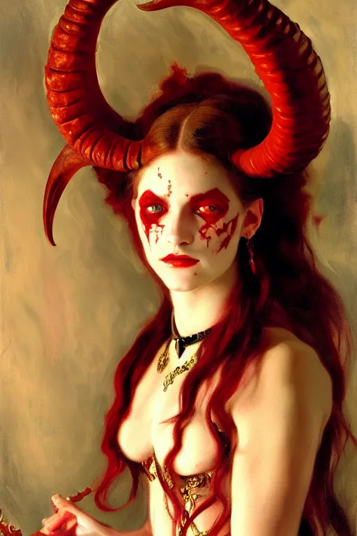 Image similar to painted close - up portrait of a attractive red - skinned intimidating demon girl with ram horns! oil painting, wearing a noblewoman's outfit, fantasy art by john singer sargent and gaston bussiere, and guillermo del toro, demon noble character design, hd