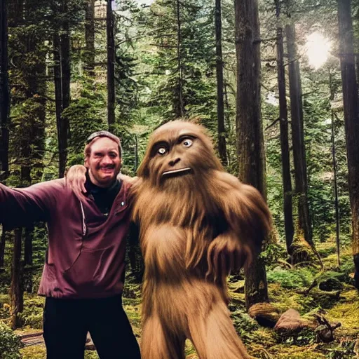 Prompt: a sasquatch and a human pose for a picture together, instagram post, selfie, well - lit