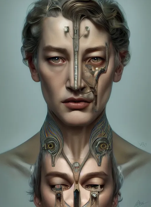 Image similar to symmetry!! david lynch, male, machine parts embedded into face, intricate, elegant, highly detailed, digital painting, artstation, concept art, smooth, sharp focus, illustration, art by artgerm and greg rutkowski and alphonse mucha, 8 k