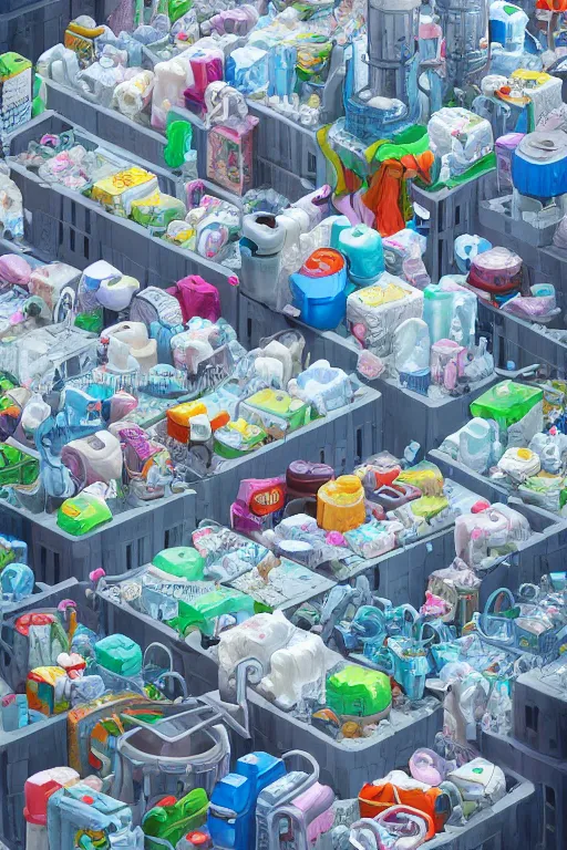 Image similar to Diaper Disposal Factory, Overflowing with Diapers, digital art, fantasy, trending on artstation, professional illustration, cgsociety, ultra detailed, celshaded, colorful, mechanical