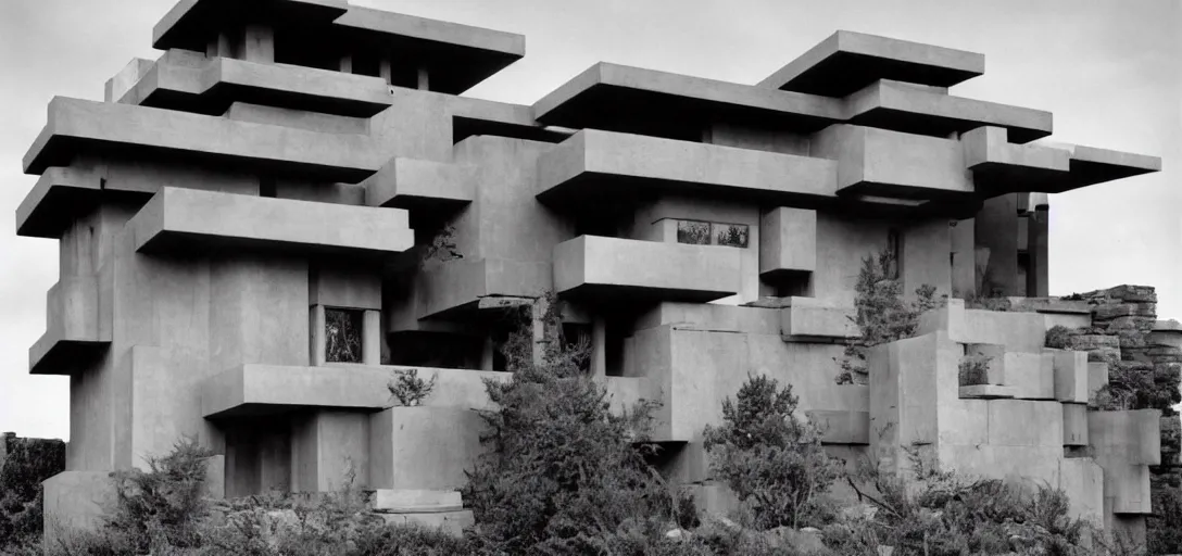 Prompt: dystopian house by frank lloyd wright. photograph by helmut newton.