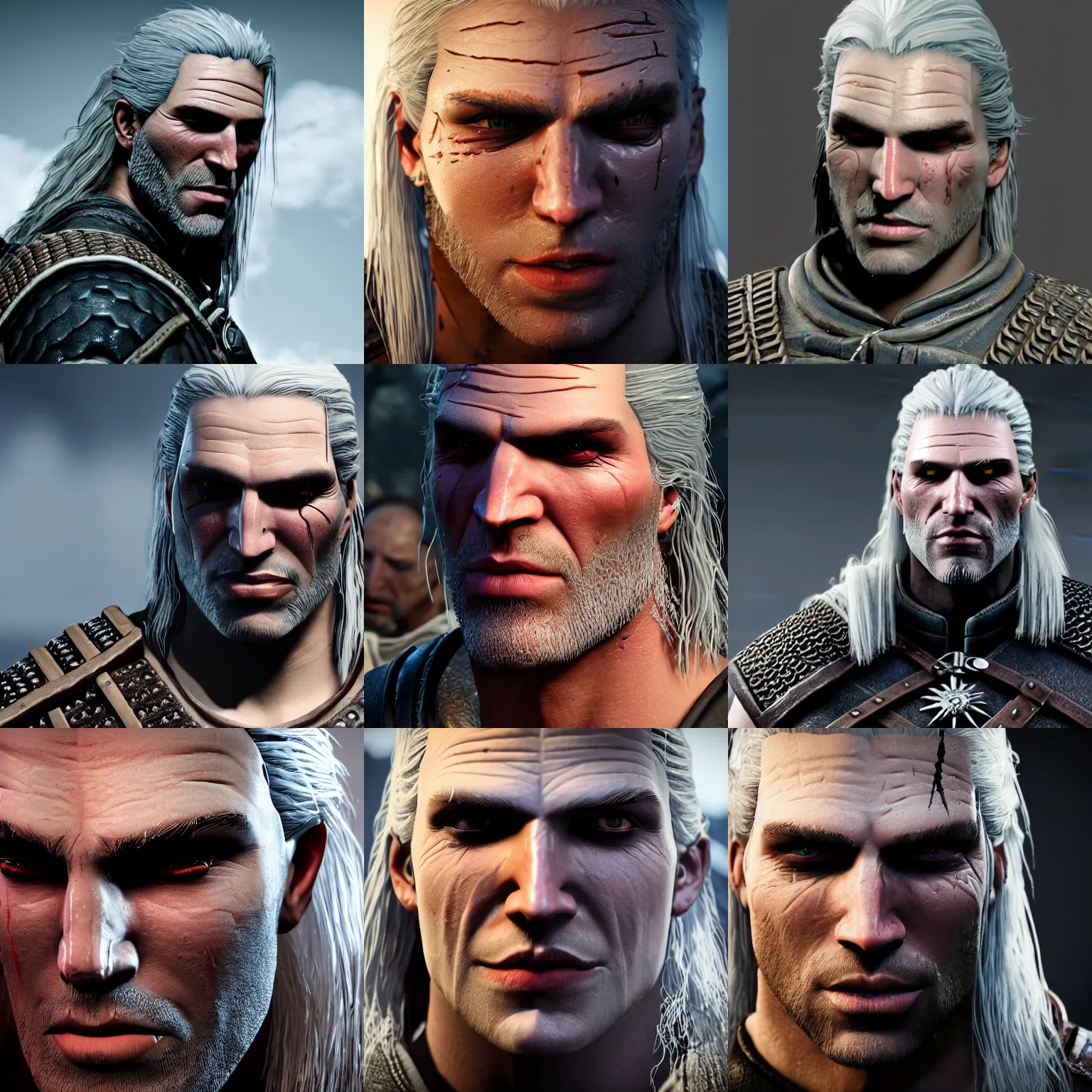 Prompt: geralt of rivia, extremely scarred face, 8 k, unreal engine 5, sharp and detailed, scary and disturbing