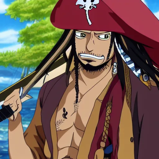 Image similar to Jack Sparrow as an anime character from One Piece. Beautiful. 4K.