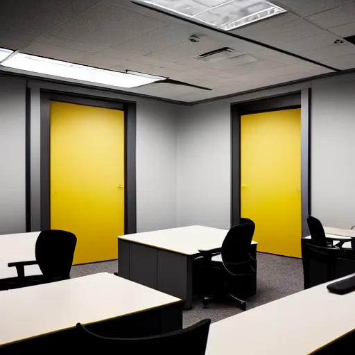 Prompt: an empty office space at night, eerie atmosphere, yellow hue