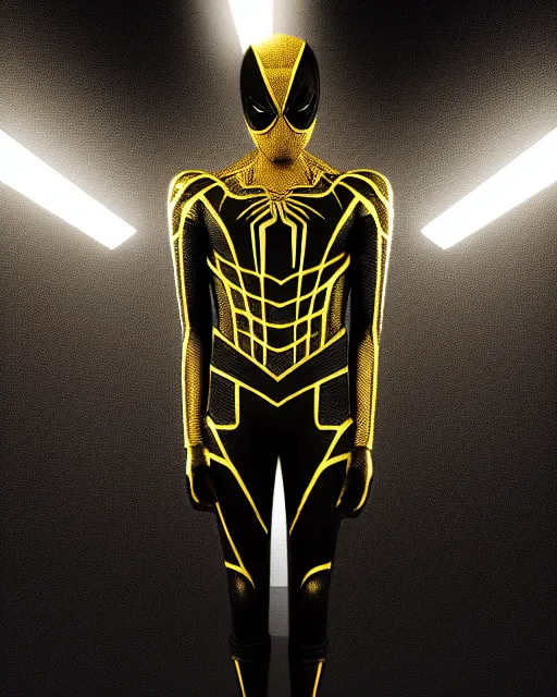 Image similar to photograph of a black and gold suit spider - man, dslr, cinematic, volumetric lighting, 8 k resolution, photorealistic, octane render, 3 d render