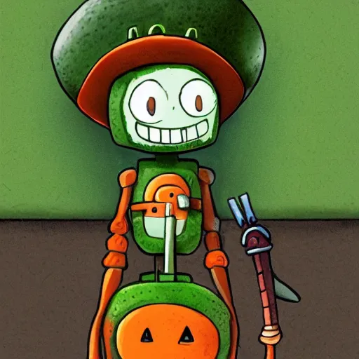 Image similar to little happy robot with big avocado hat and a carrot sword, made in abyss style, detailed background