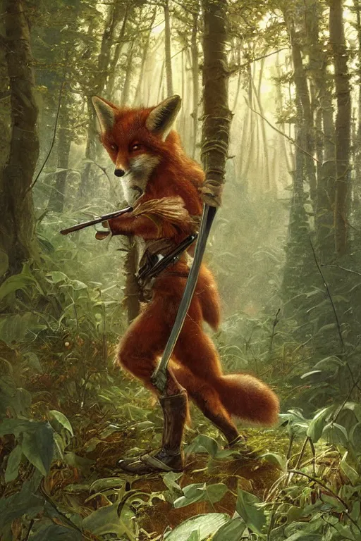 Prompt: a cunning anthropomorphic fox warrior hunting in the forest, wearing metal plate armor, character illustration by greg rutkowski, thomas kindkade, alphonse mucha, loish, norman rockwell