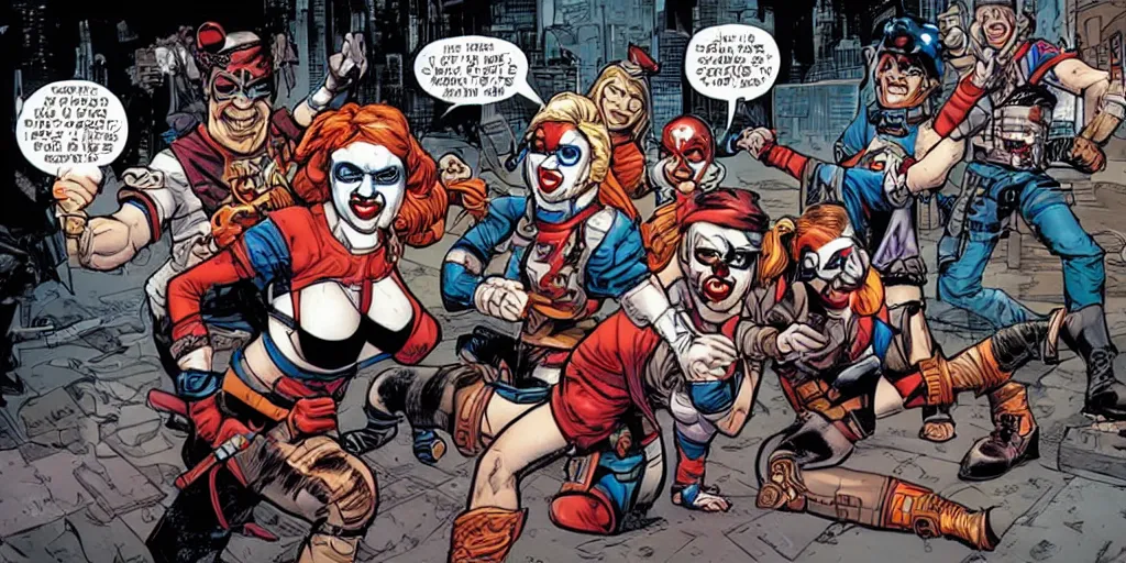 Prompt: Keystone cops fighting Harley Quinn. Epic painting by James Gurney and Laurie Greasley.