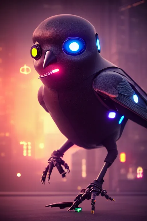 Prompt: high quality 3 d render very cute cyborg crow! incorporated speaker, cyberpunk highly detailed, unreal engine cinematic smooth, in the style of blade runner & detective pikachu, hannah yata charlie immer, moody light, low angle, uhd 8 k, sharp focus