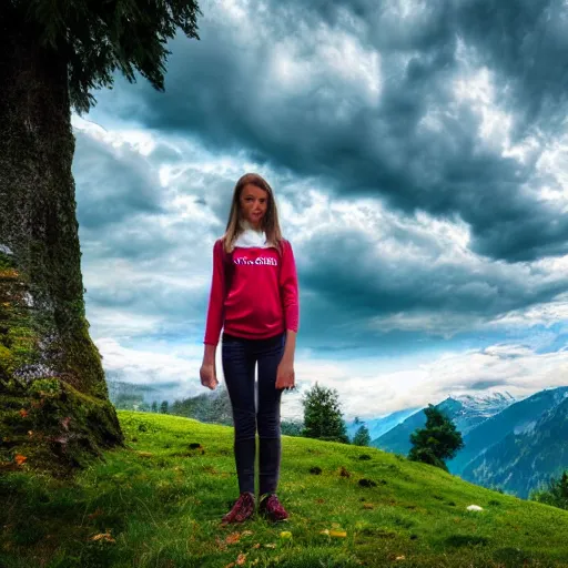 Image similar to a beautiful photograph of a girl with switzerland landscape in the background with trees, hdr, 8 k, high quality, sharp focus, artstation, highly detailed, award - winning, dramatic lighting, beautiful clouds, and nature