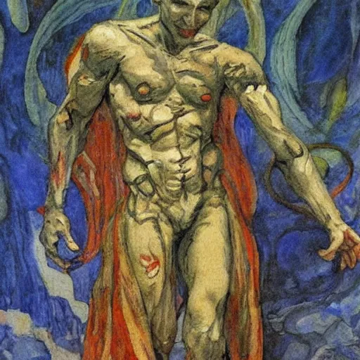 Prompt: comics sandmanin a cloak by Neil Gaiman, Vrubel The Demon, by Mikhail Vrubel, oil painting, art gallery, art museum, small details, whole-length