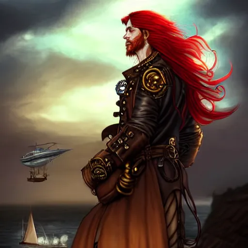 Prompt: male airship pirate with long flowing red hair, steampunk airship flying above the sea, D&D, handsome, side profile, fantasy, intricate, long hair, leather coat, gold earring, red hair, elegant, highly detailed, digital painting, artstation, atmospheric lighting, concept art, smooth, sharp focus, illustration, art by artgerm and greg rutkowski and alphonse mucha