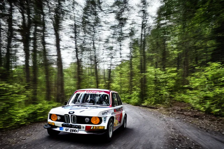 Prompt: A BMW 2002 rally car driving past a swedish village in the woods, high-speed sports photography