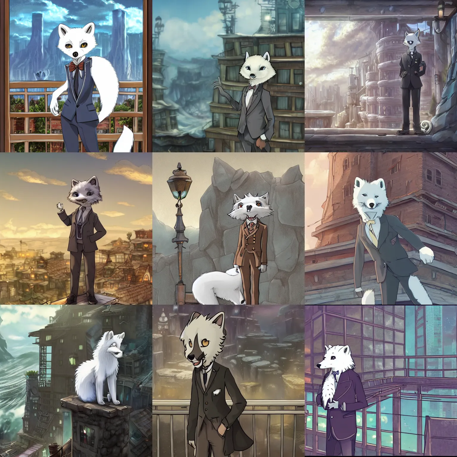 Prompt: professional digital painting of a handsome anthro arctic fox furry fursona wearing a suit and tie standing in front of balcony overlooking a steampunk city, in the style of made in abyss anime, muted tones, clear lines, cute furry anthro