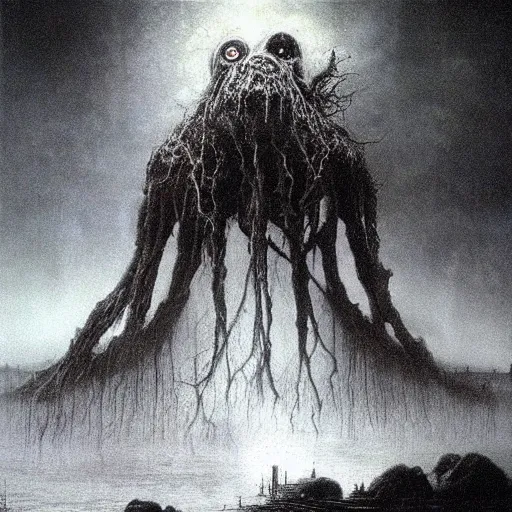 Image similar to darklord amdusc beksinski, eldritch, apocalypse, creepy creature, horror spooky