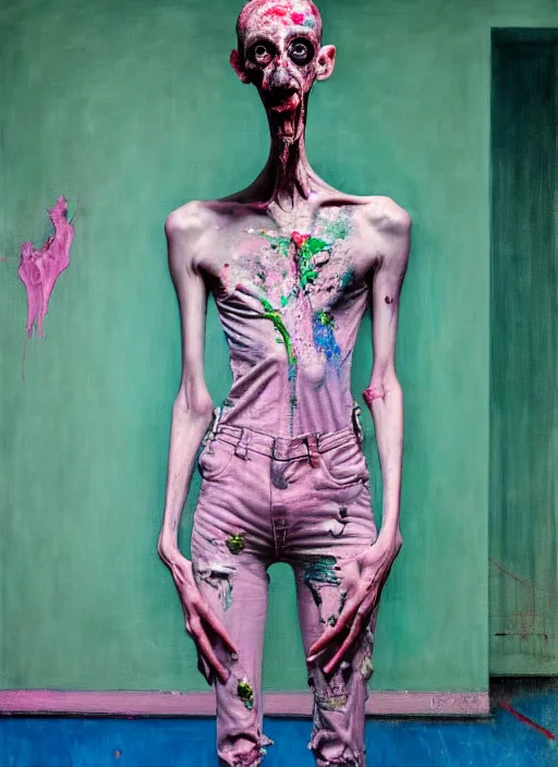 Prompt: an insane, skinny, artist wearing dirty, torn overalls, expressive painting the walls inside a grand messy studio, depth of field, hauntingly surreal, highly detailed painting by francis bacon, edward hopper, adrian ghenie, glenn brown, soft light 4 k in pink, green and blue colour palette, cinematic composition, octane render,