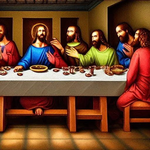 the last supper but it is only jesus'clones, | Stable Diffusion | OpenArt