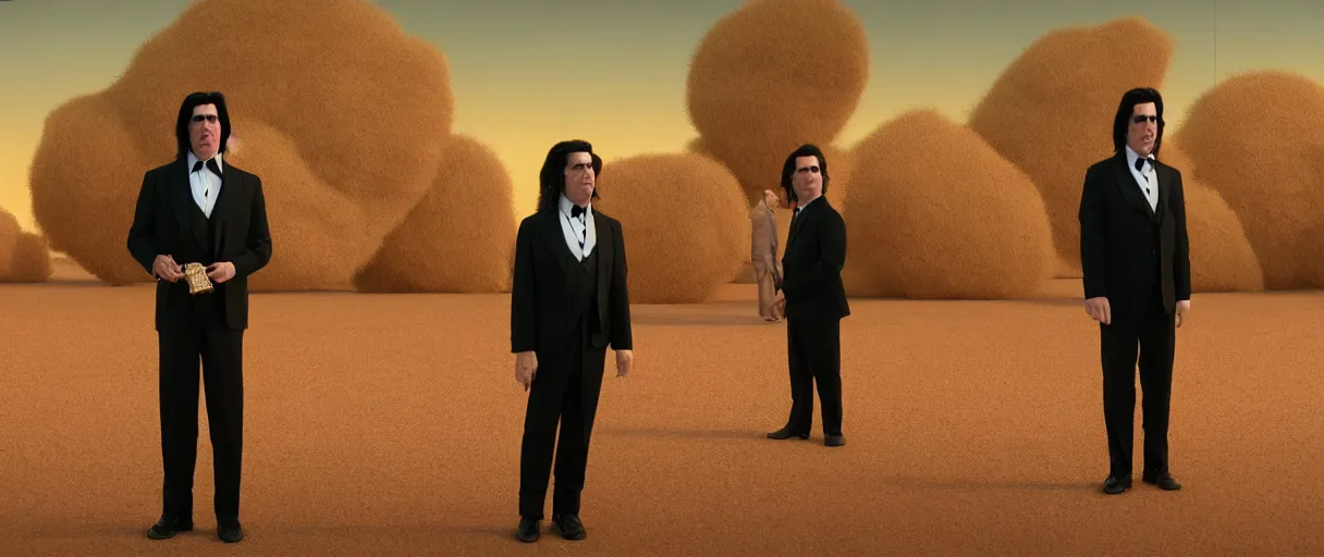 Image similar to wes anderson award - john travolta as vincent vega suprised gesture nobody there ghost town tumbleweed bushes on ground shrugging hand at waist level. standing in black suit high noon golden ratio, 4 k, detailed, art by jamie hewlett and greg rutkowsky, trending on artstation, cinematic lighting, filmic grain, golden hour, detailed, 4 k
