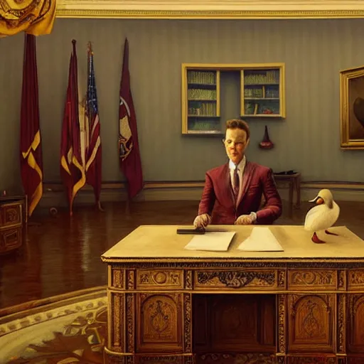 Image similar to hyperrealistic mixed media image of a illustrious duck in a tiny blazer and tie standing in the desk in the oval office, stunning 3 d render inspired art by istvan sandorfi and greg rutkowski, perfect facial symmetry, realistic, highly detailed attributes and atmosphere, dim volumetric cinematic lighting, 8 k octane extremely hyper - detailed render, post - processing, masterpiece,