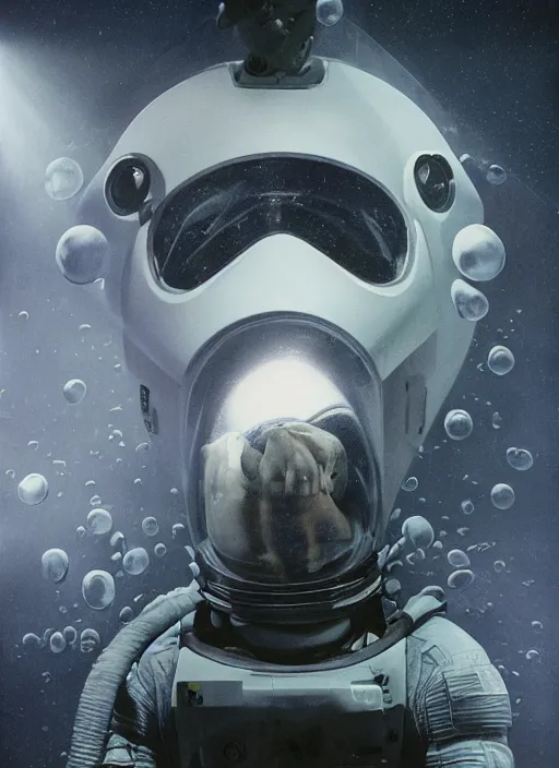 Prompt: polaroid astronauts in dark and empty void underwater - complex and hyperdetailed technical suit. reflection and dispersion materials. rays and dispersion of light. volumetric light. 5 0 mm, f / 3 2. noise film photo. flash photo. ultra realistic, poster by wayne barlowe, hajime sorayama aaron horkey, craig mullins, smooth