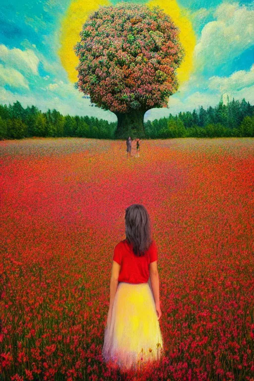 Image similar to flower face, girl standing in flower field, surreal photography, big trees, sunrise dramatic light, impressionist painting, colorful clouds, digital painting, pointillism, artstation, simon stalenhag