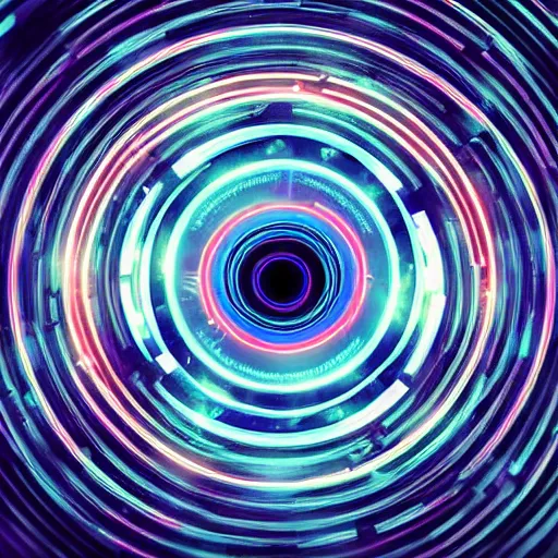 Prompt: horizontal centered neon cyberpunk distortion field electron eyeball with concentric data rings around it, glowing, fantasy, networking, camera shutter iris, singularity, clouds, circuitry, explosion, dramatic, intricate, elegant, highly detailed, digital painting, network, artstation, concept art, smooth, sharp focus, illustration, octane render