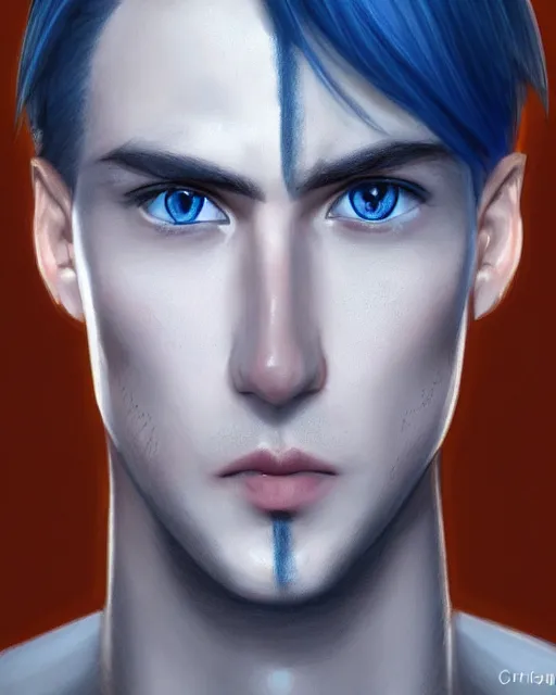 Prompt: face of a masculine 3 0 year old man empeoror with thin face lines, have mi - long brown hair and blue eyes ( completely blue, without white, just blue ), very beautiful portrait, low angle, realistic anime style and perfect art, trending on artstation, good and dramatic lighting