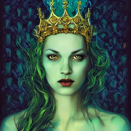 Prompt: portrait of a queen with a crown of snakes, desi dark skin, kneeling, dramatic lighting, blue and green, by Anato Finnstark, Tom Bagshaw, Brom