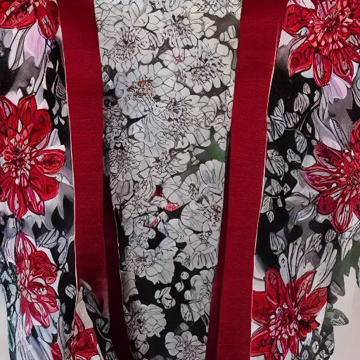 Image similar to floral crimson kimono, highly detailed, hyper intricate