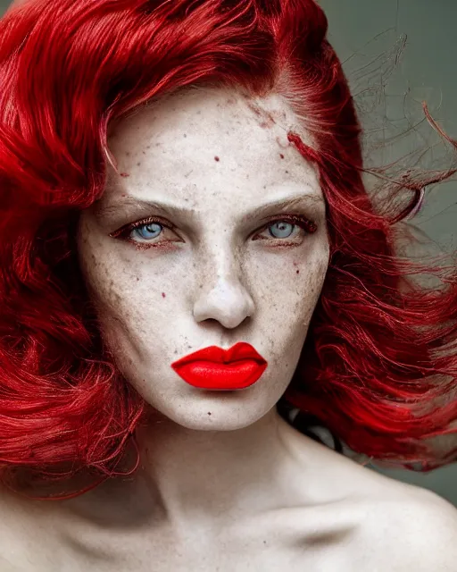 Image similar to Close-up portrait of a woman, close-up, high sharpness, zeiss lens, fashion photo shoot, flowers, white hair, freckles, Red lipstick, against gold, Annie Leibovitz and Steve McCurry, David Lazar, Jimmy Nelsson, artistic, hyper-realistic, beautiful face, octane rendering