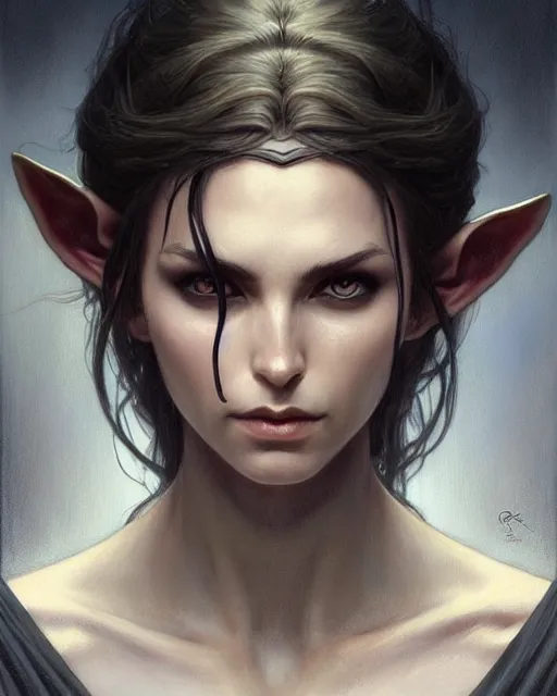 Image similar to portrait of an elven mage, dark, piercing eyes, gentle expression, elegant clothing, photorealistic, highly detailed, artstation, smooth, sharp focus, art by michael whelan, artgerm, greg rutkowski and alphonse mucha