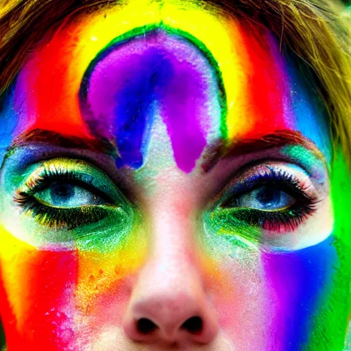 Image similar to woman crying rainbow paint, photography, ultra realistic, highly detailed, 8 k