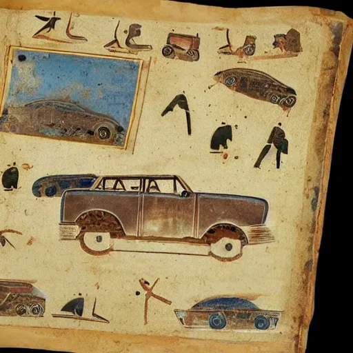 Image similar to ancient greek manuscript with pictures of cars