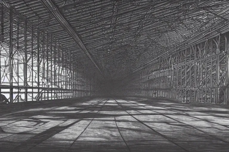 Prompt: very empty very dark cargo hall and large corridors of huge huge space ship containing rows of cages with strange animals ultra detailed photorealistic rendering chiaroscuro painting