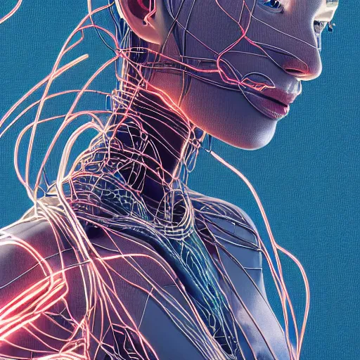 Image similar to a beautiful body of a pilot woman partially made of wires and electronic circuits, an ultrafine detailed illustration by james jean, final fantasy, intricate linework, bright colors, behance contest winner, vanitas, angular, altermodern, unreal engine 5 highly rendered, global illumination, radiant light, detailed and intricate environment
