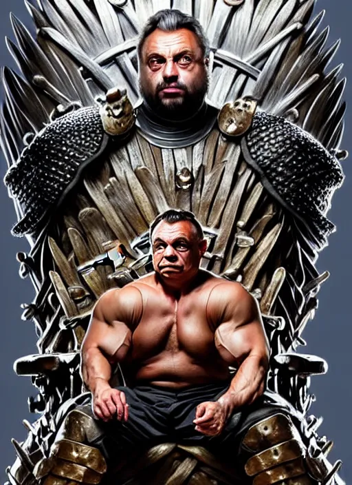 Image similar to portrait of viktor orban with synthol muscles sitting on the iron throne, d & d, muscular! fantasy, intricate, elegant, highly detailed, digital painting, artstation, concept art, smooth, sharp focus, illustration, art by artgerm and greg rutkowski and alphonse mucha