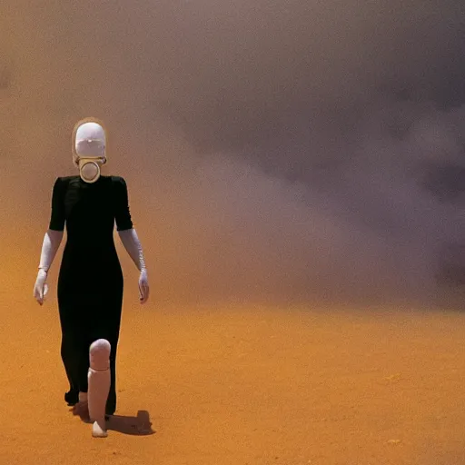 Image similar to The full body shot of beautiful pale woman with white flowers and full-face golden mask inside a thick black smoke in rocky desert landscape, glowing eyes everywhere, burning earth by Gaspar Noe and Christopher Doyle, anamorphic lens, anamorphic lens flares, kodakchrome, cinematic composition, practical effects, award winning photo, 8k