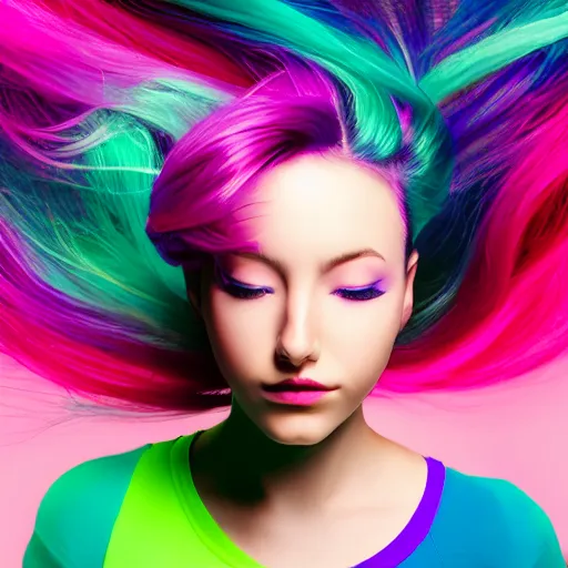 Image similar to a award winning half body portrait of a beautiful woman in a croptop with a ombre purple pink teal hairstyle with head in motion and hair flying, outrun, vaporware, vivid colors, highly detailed, fine detail, intricate