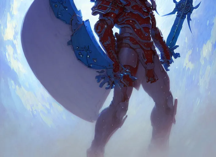 Image similar to character design digital 2 d man viking cape evangelion cyborg blue armor sword of fire by gaston bussiere, anna nikonova aka newmilky, greg rutkowski, yoji shinkawa, yoshitaka amano, tsutomu nihei, muira, moebius, donato giancola, trending on artstation, featured on pixiv