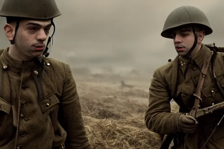 Image similar to jay baruchel as world war 1 soldier in the trenches, bullets whizzing past, cinematic lighting, high contrast, 4 k hdr imax cinematography by roger deakins, award winning shot, beautiful composition, principal photography, vfx action shot