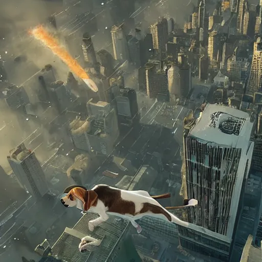 Prompt: gigantic 1 0 0 metres beagle attacking a city, epic cinematic, 4 k, very high detail, epic scale