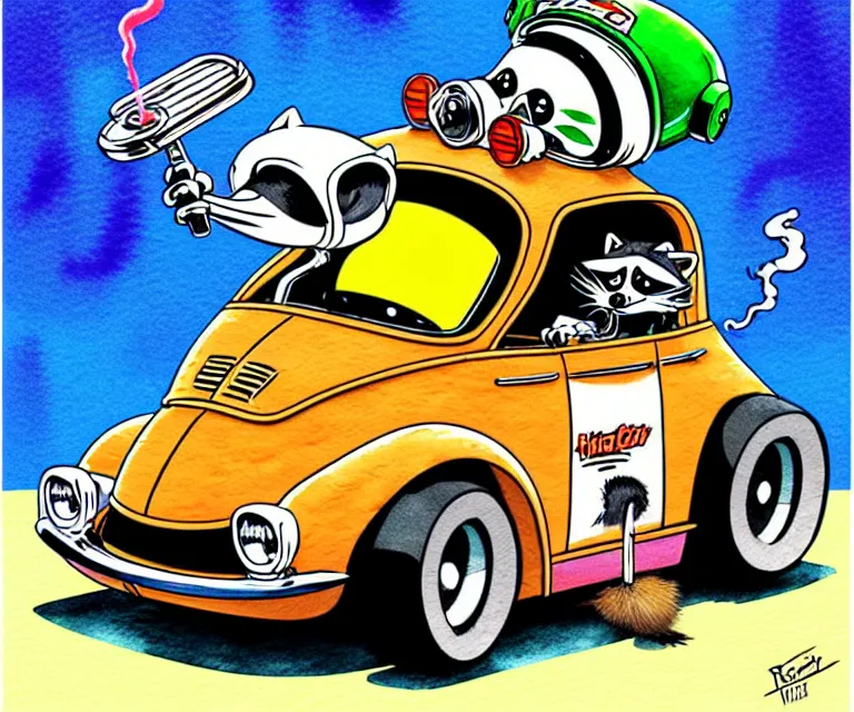 Image similar to cute and funny, racoon wearing a helmet riding in a tiny hot rod coupe with oversized engine while smoking a cigarette, ratfink style by ed roth, centered award winning watercolor pen illustration, isometric illustration by chihiro iwasaki, edited by range murata