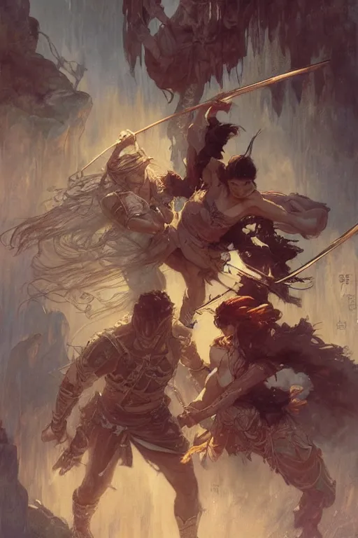 Image similar to An epic fight moment between a demon slayer with female skilled samourai in style of by gaston bussiere, and craig mullins and greg rutkowski and alphonse mucha, awesomenes , concept art world,