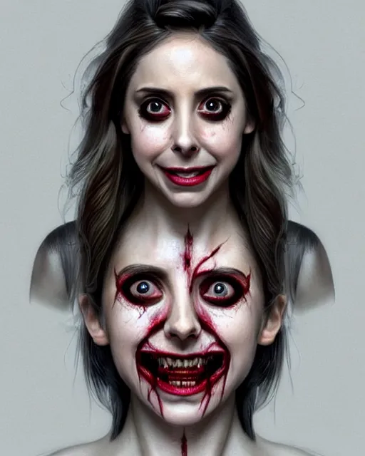 Image similar to gorgeous female Alison Brie, horror movie slasher, slasher movie, realistic character concept, violent pose, creepy smile, shorter neck, illustration, symmetrical face and body, realistic eyes, cinematic lighting, hyperdetailed, detailed realistic symmetrical eyes, face by artgerm, symmetrical nose, Tom Bagshaw, single face, insanely detailed and intricate, beautiful, elegant, dark living room background