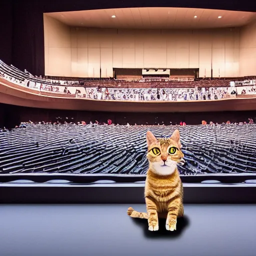 Image similar to ultra hd 8 k photo from far away of a tabby cat alone on a big opera stage