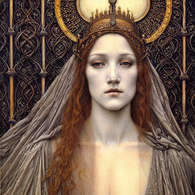 Image similar to detailed realistic beautiful young medieval queen face portrait by jean delville, gustave dore and marco mazzoni, art nouveau, symbolist, visionary, gothic, pre - raphaelite. horizontal symmetry